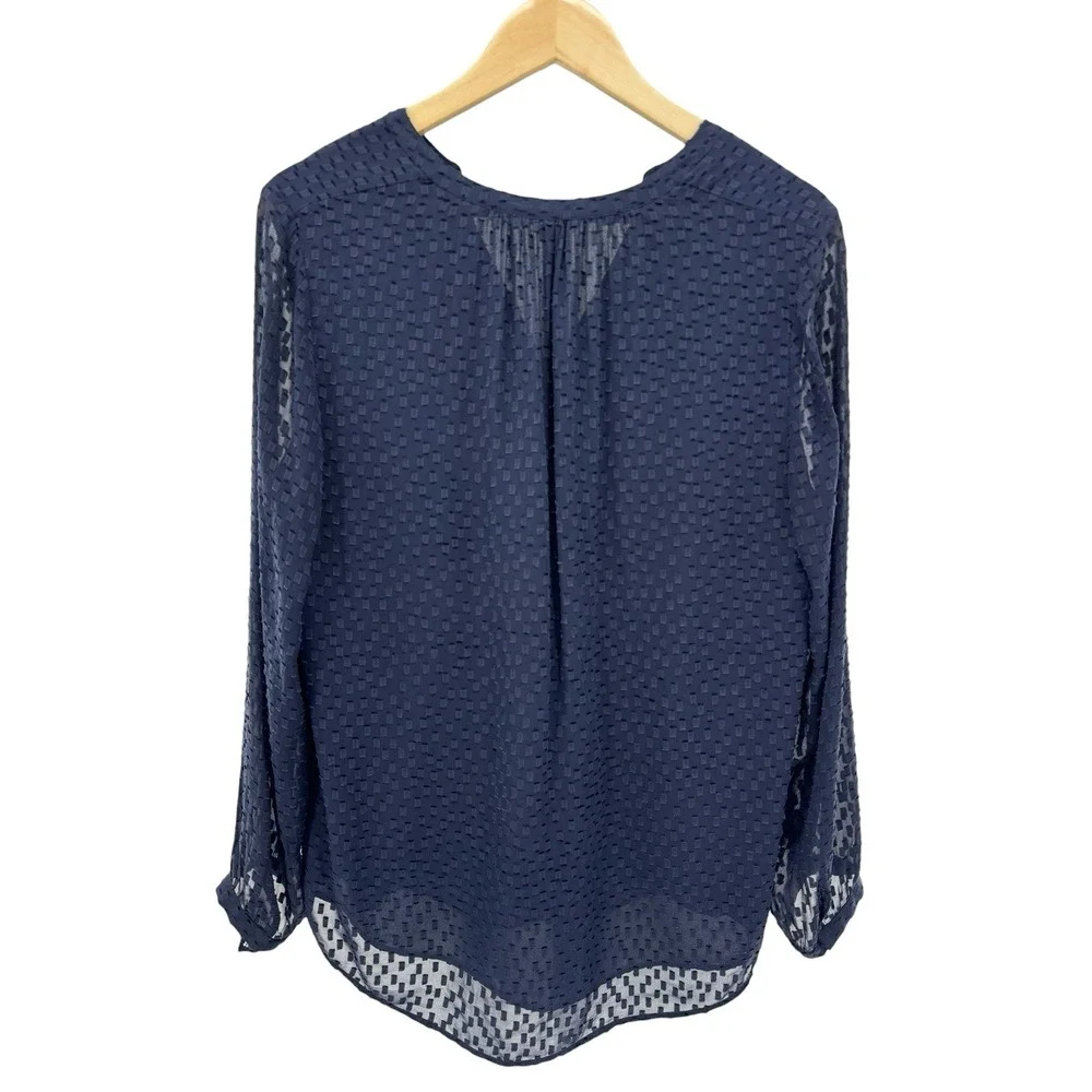 J.Crew Navy‎ Textured Sheer Long Sleeve Silk Blend Blouse Size 10 Tall V-Neck
